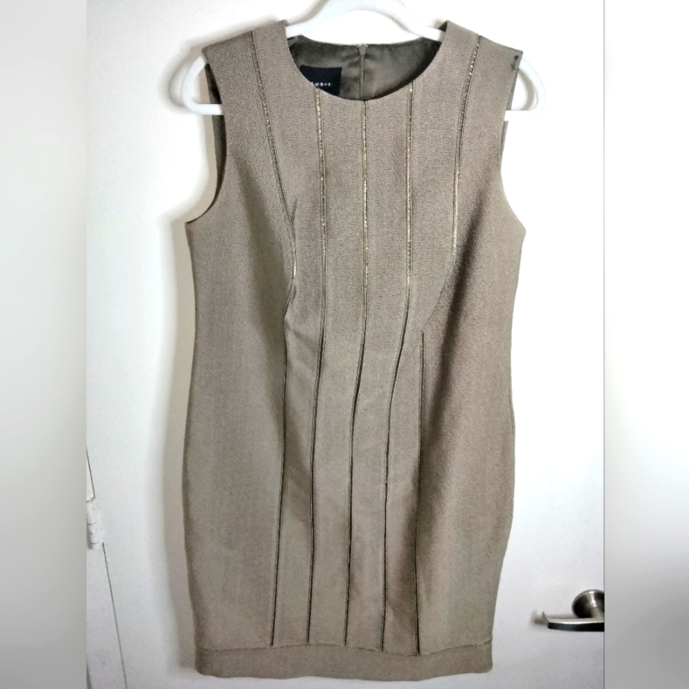 Akris (Size 14) Taupe Micro Striped Pattern Silk Blend Elegant Sleeveless Dress